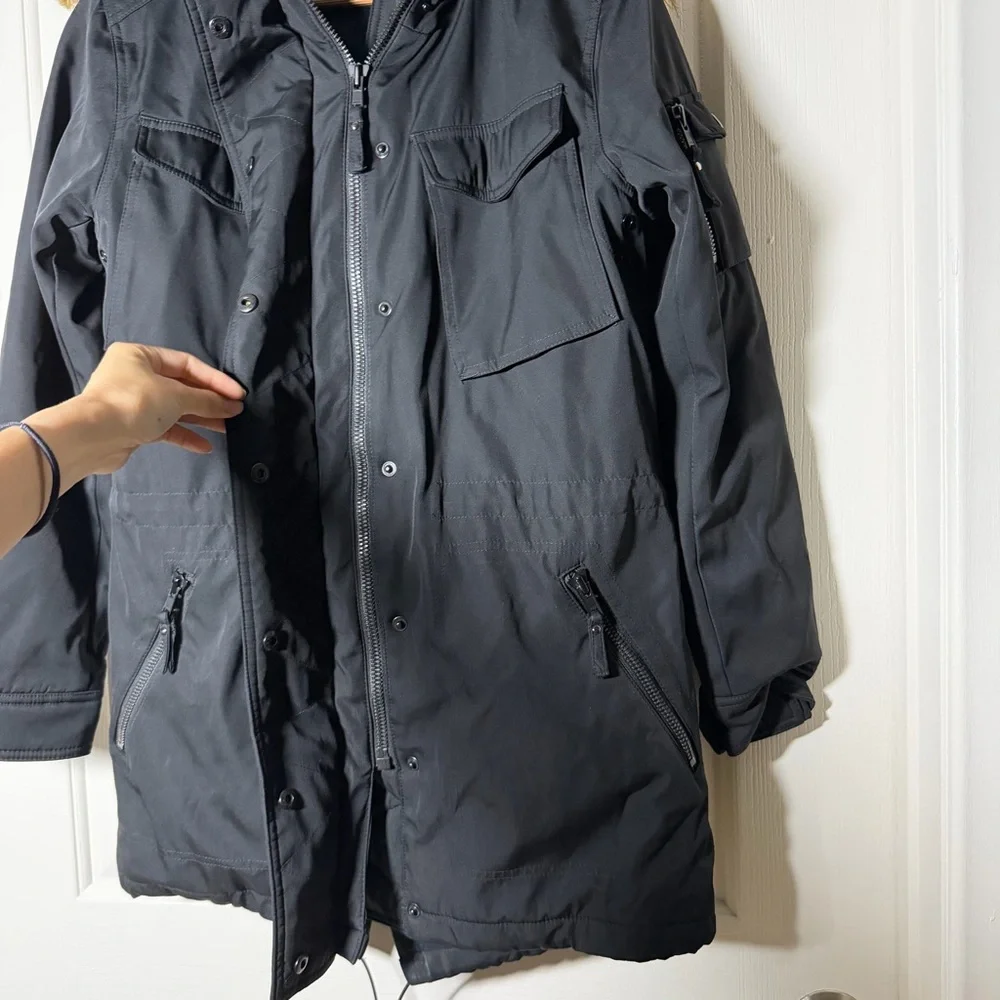 S13 Black Parka Anorak Coat Jacket with Faux Fur Hood Size Small S Neutral Warm